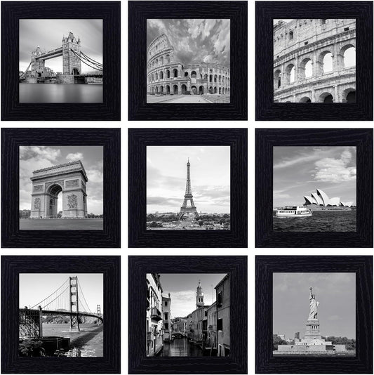 eletecpro 12x12 Picture Frames Set of 9 with Clear Acrylic Cover, Display 8x8 Photos with Mat or 12x12 Without, Classic and Sturdy Square Collage Gallery Wall Decor, Easy Wall Mount, Black