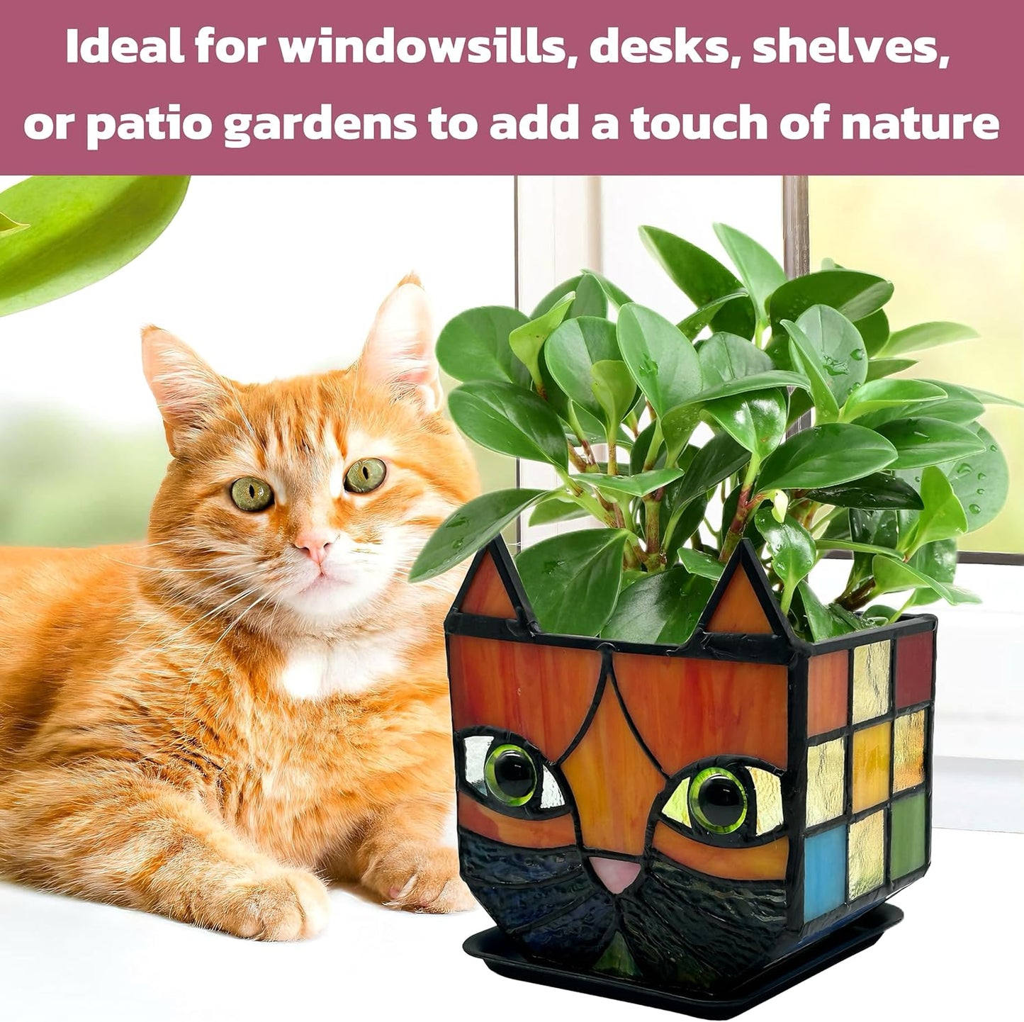 Tiffany Stained Glass Fun Moon Sleeping Cat Planter，Cactus Planter，Cute Planters for Indoor Plants,Decorative Flower Pots As Gifts for Cat Lovers，4.6x3x5.15 in