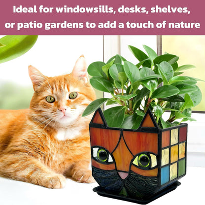 Tiffany Stained Glass Fun Moon Sleeping Cat Planter，Cactus Planter，Cute Planters for Indoor Plants,Decorative Flower Pots As Gifts for Cat Lovers，4.6x3x5.15 in