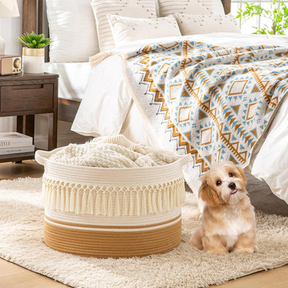 KAKAMAY Large Blanket Basket (20"x13"),Woven Baskets for storage Baby Laundry Hamper, Cotton Rope Blanket Basket for Living Room, Laundry, Nursery, Pillows, Baby Toy chest (White/Brown)