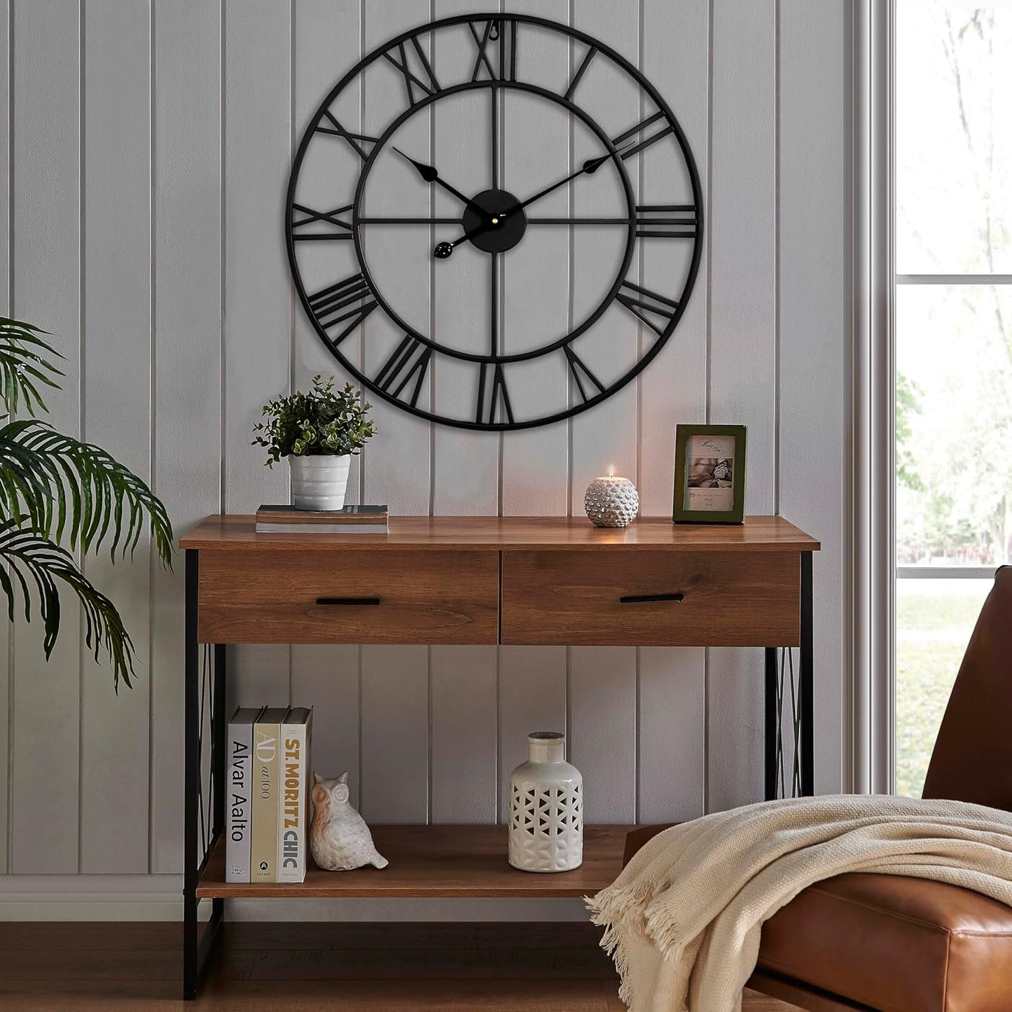CLXEAST 30 Inch Large Wall Clock Modern, Oversized Roman Numeral Decorative Black Metal Wall Clock for Living Room Decor,House Warming Gifts New Home