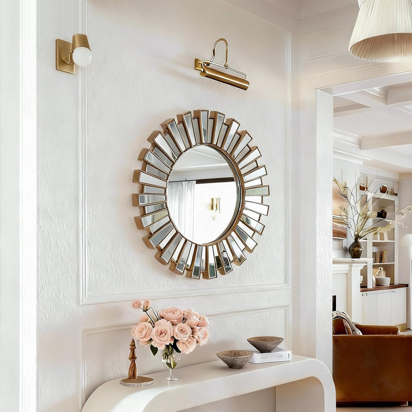 SHYFOY 23.6" Gold Sunburst Wall Mirror, Round Beveled Decorative Mirror with Layered Metal Frame, Glam Luxury Accent Wall Mirror for Living Room, Entryway & Bedroom