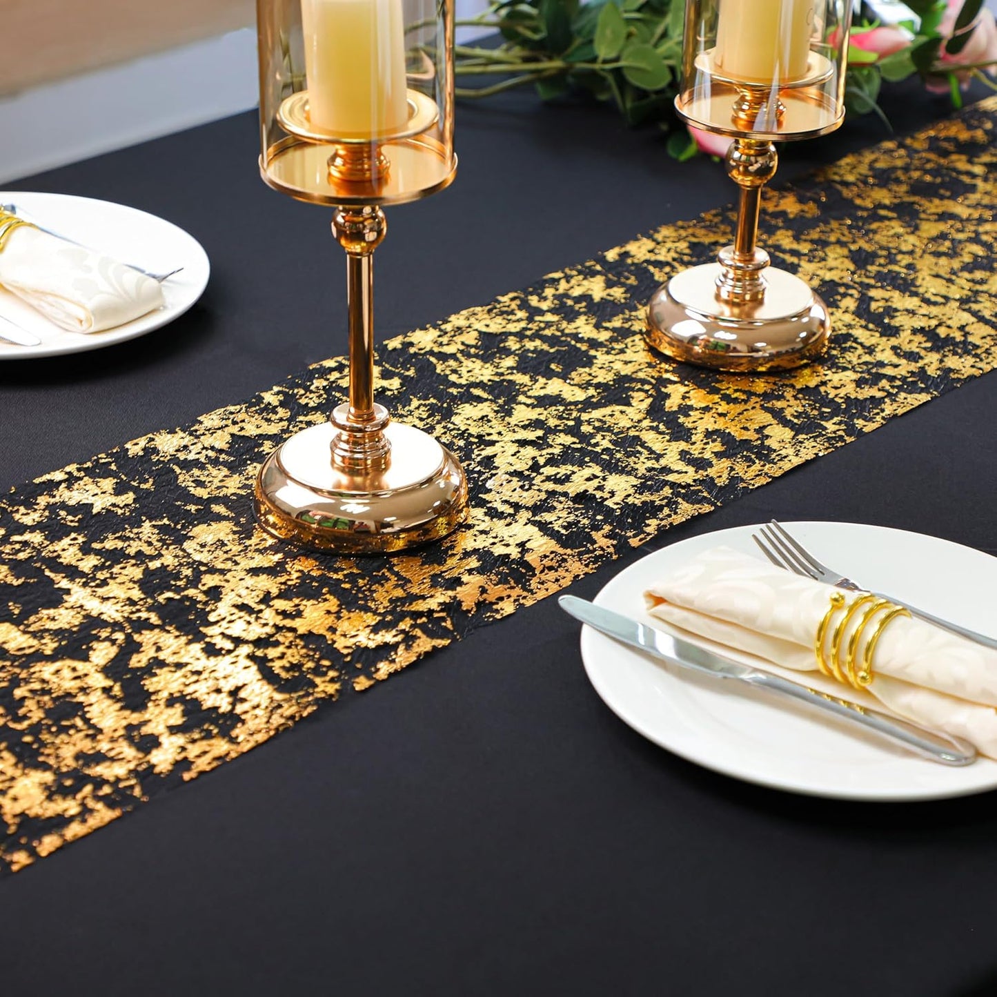 Snowkingdom 2 Pieces Gold Table Runner, Sequin Glitter Foil Metallic Thin Mesh Runner Roll 11"x108", Gold Table Decorations for Event Party, Wedding, Birthday Party, Christmas