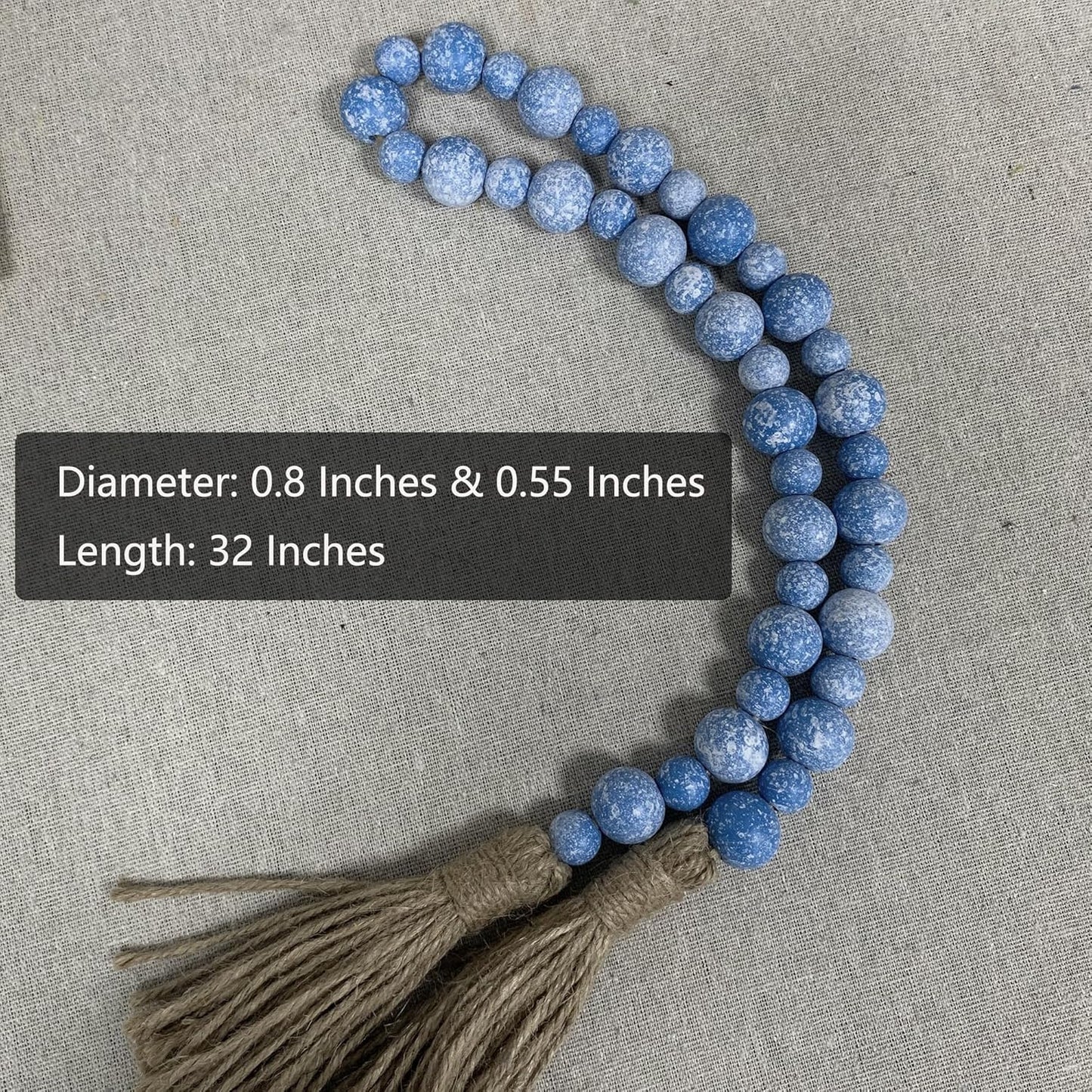 Handcrafted Farmhouse Wooden Decorative Beads Garland, Table Tray Boho Wood Beads with Tassel, Small Rustic Antique Decor for Home and Events (32" Rustic Blue)