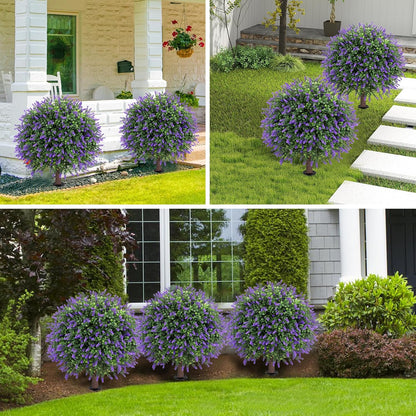 Artificial Red Eucalyptus Topiary Ball Tree 24" with Ground Spike, Set of 2 Artificial Boxwood Bushes for Faux Shrubs, Fake Evergreen Faux Plant for Indoor Outdoor Garden -UV Resistant–Fade-Proof