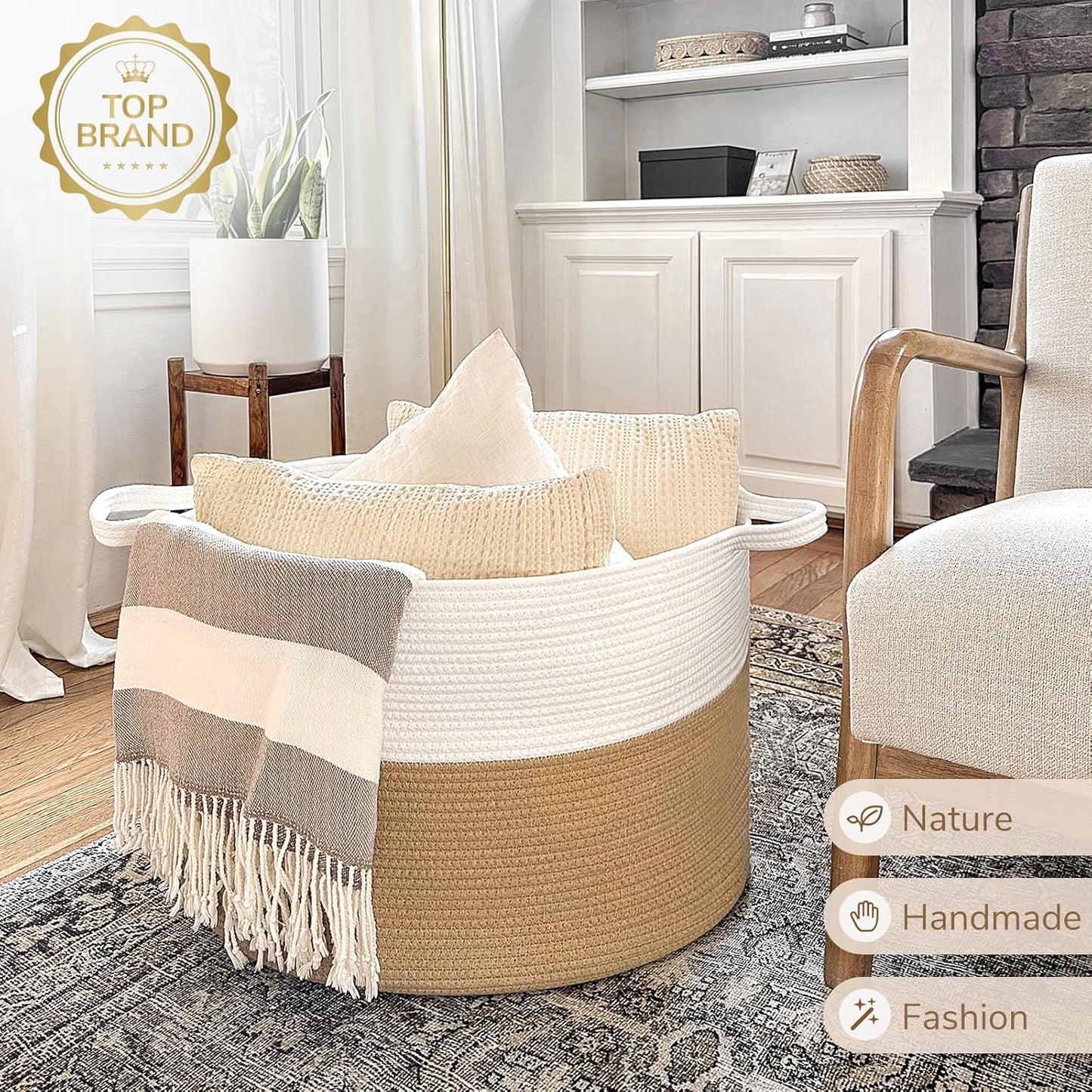 INDRESSME XXXLarge Blanket Basket for Living Room 21.7" x 21.7" x 13.8"-Storage Basket with Handle for Organizing Toy Pillows Woven Cotton Rope Laundry Basket Stuffed Animal Toy Storage for Play Room