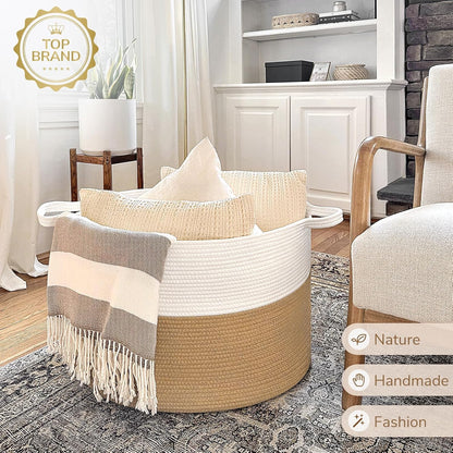 INDRESSME XXXLarge Blanket Basket for Living Room 21.7" x 21.7" x 13.8"-Storage Basket with Handle for Organizing Toy Pillows Woven Cotton Rope Laundry Basket Stuffed Animal Toy Storage for Play Room