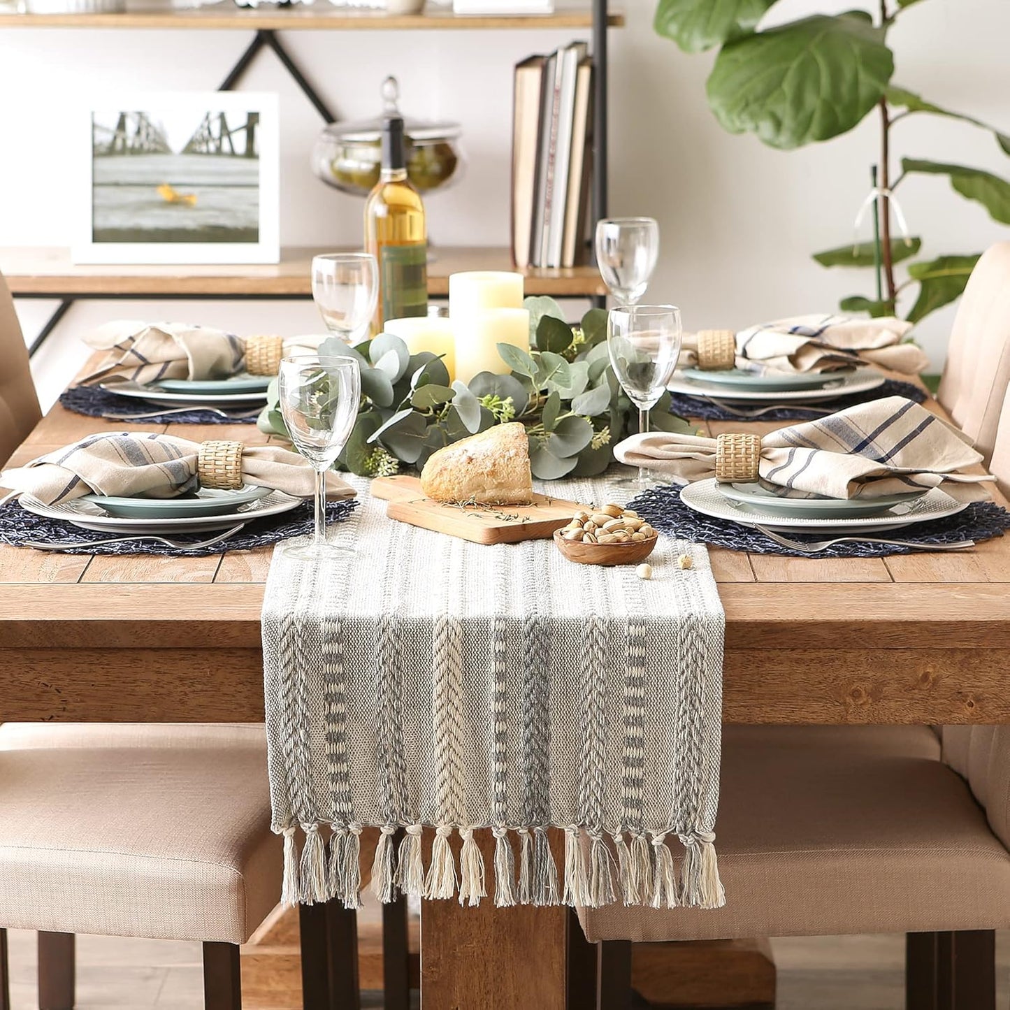 DII Farmhouse Braided Stripe Table Runner Collection, 15x72 (15x77, Fringe Included), Black