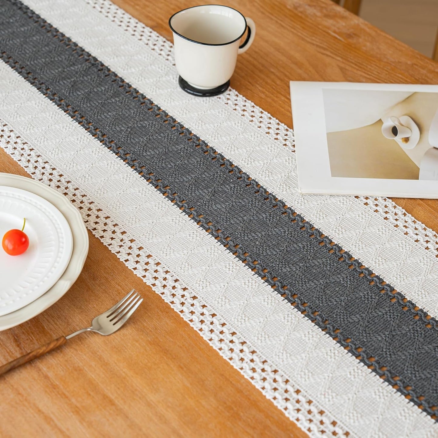 FEXIA Boho Table Runner for Thanksgiving Fall Christmas Home Decor with Tassels 72 Inches Long Pottery barn Furniture Farmhouse Rustic Macrame Burlap Table Decoration for Living Room (12x72 Inches)