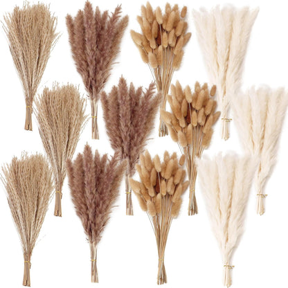 65PCS Pampas Grass Decor, Including pompas Floral, Reed Dried Grass and Bunny Tails Dried Flowers, Natural Dried Pampas Grass Bouquet for Boho Decor Wedding, Home Decoration