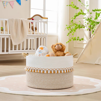KAKAMAY Large Blanket Basket (20"x13"),Woven Baskets for storage Baby Laundry Hamper, Cotton Rope Blanket Basket for Living Room, Laundry, Nursery, Pillows, Baby Toy chest (White/Brown)