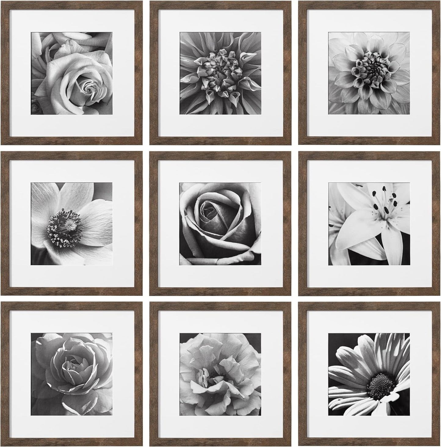 eletecpro 12x12 Picture Frames Set of 9 with Clear Acrylic Cover, Display 8x8 Photos with Mat or 12x12 Without, Classic and Sturdy Square Collage Gallery Wall Decor, Easy Wall Mount, Black