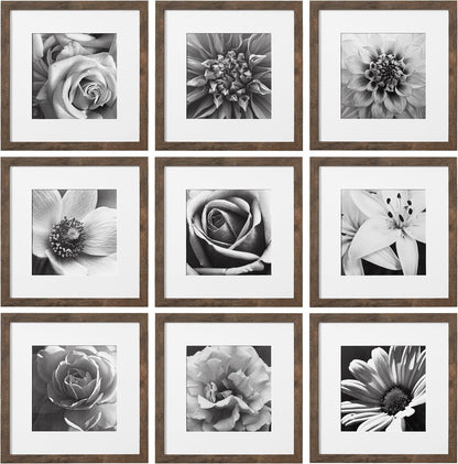 eletecpro 12x12 Picture Frames Set of 9 with Clear Acrylic Cover, Display 8x8 Photos with Mat or 12x12 Without, Classic and Sturdy Square Collage Gallery Wall Decor, Easy Wall Mount, Black
