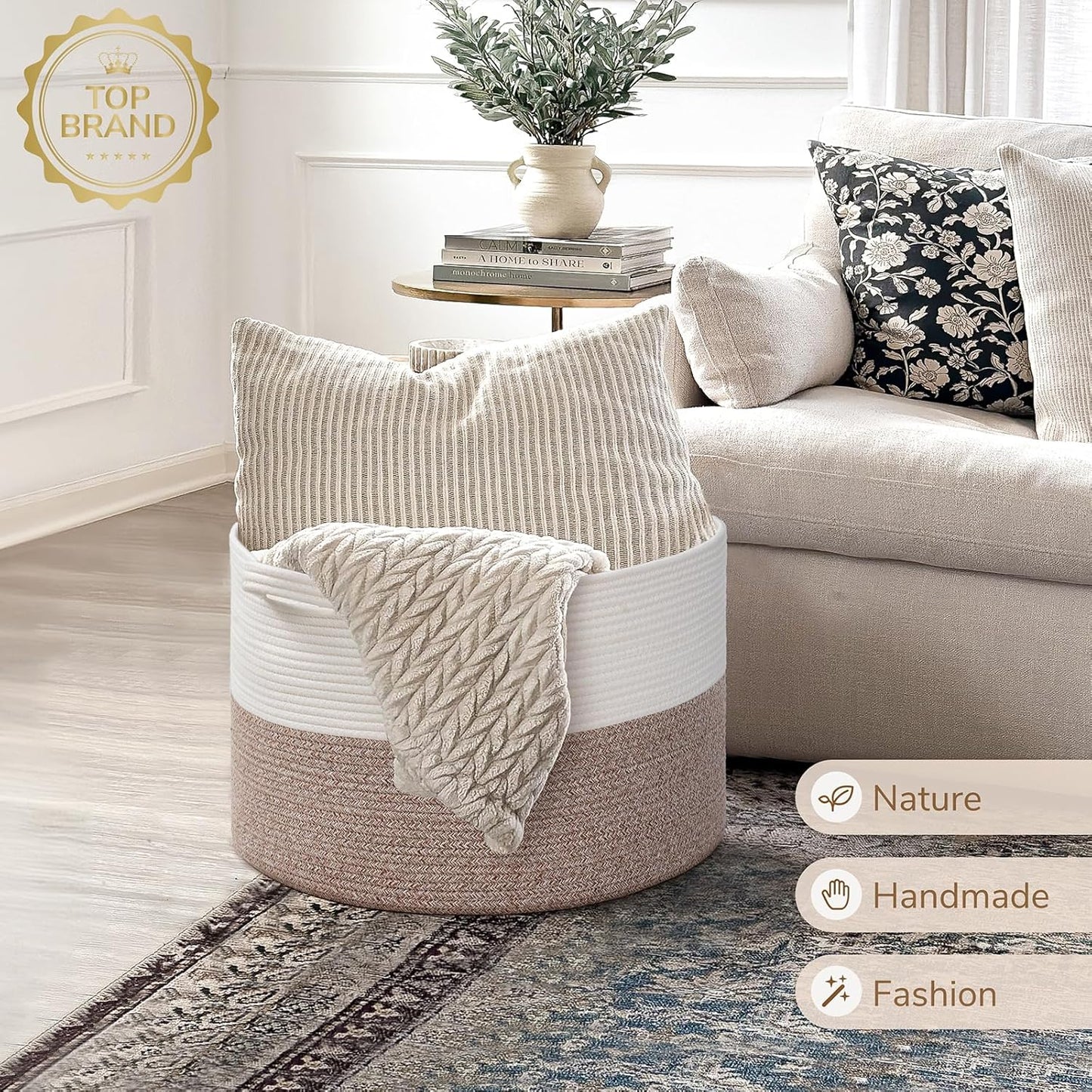 INDRESSME XXXLarge Blanket Basket for Living Room 21.7" x 21.7" x 13.8"-Storage Basket with Handle for Organizing Toy Pillows Woven Cotton Rope Laundry Basket Stuffed Animal Toy Storage for Play Room