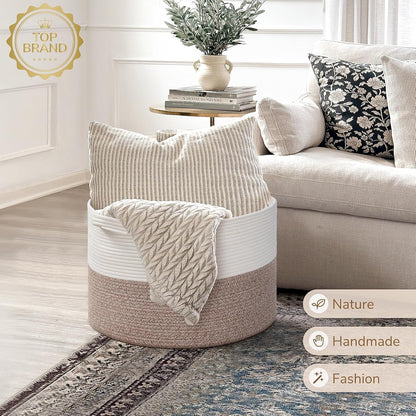 INDRESSME XXXLarge Blanket Basket for Living Room 21.7" x 21.7" x 13.8"-Storage Basket with Handle for Organizing Toy Pillows Woven Cotton Rope Laundry Basket Stuffed Animal Toy Storage for Play Room