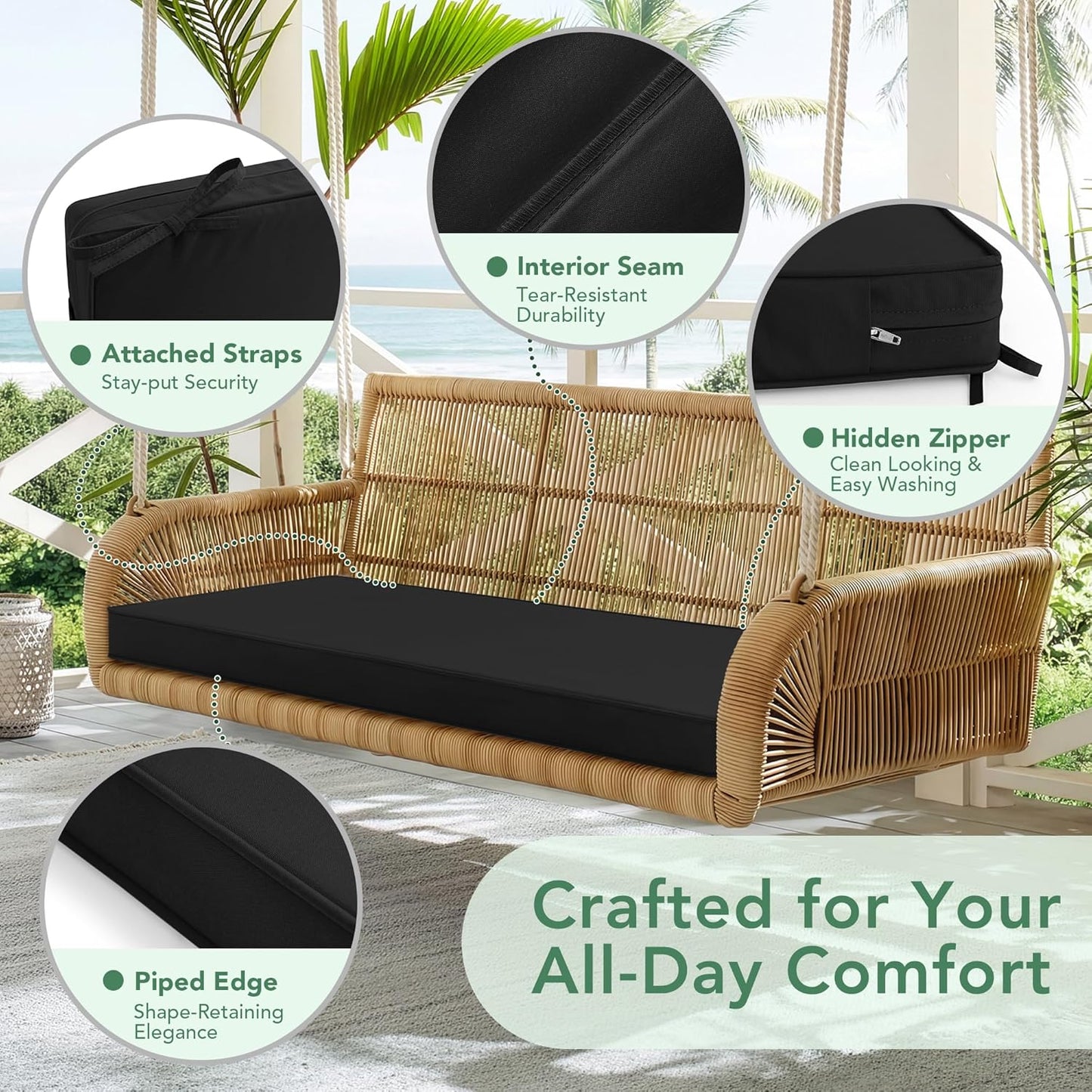 Summsun Outdoor Bench Cushion: Waterproof and Fade Resistant Patio Furniture Cushions - Non-Slip Bench Pad Cushion with Removable Cover for Garden Swing Porch Sofa Settee, 48 x 18 x 3 Inch, Black
