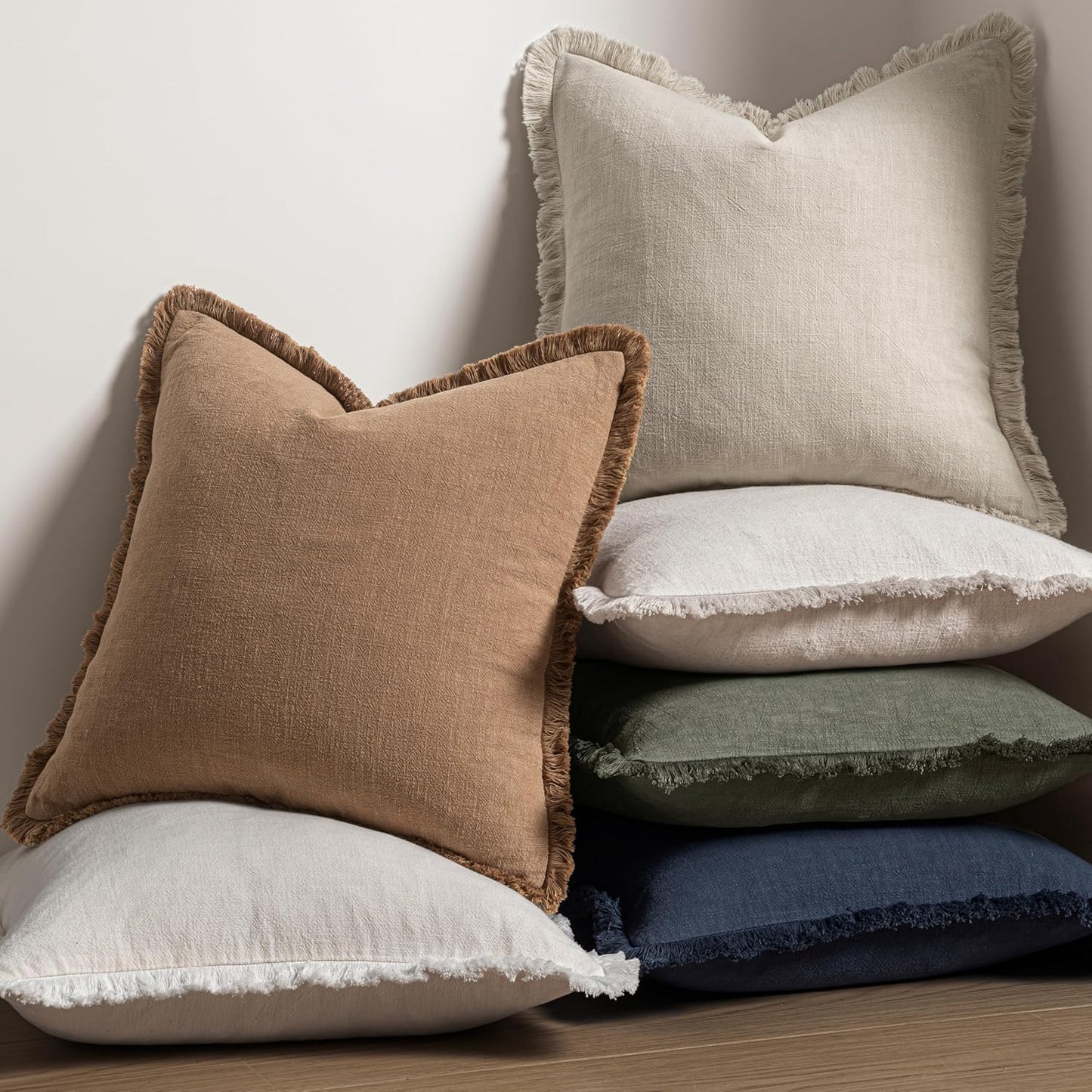 MIULEE Decorative Throw Pillow Covers Neutral Linen Fringe Throw Pillows Set of 2 Natural Beige Boho Farmhouse Cushion Covers with Tassels for Couch Sofa Bed Spring Home Decor 20x20 Inch