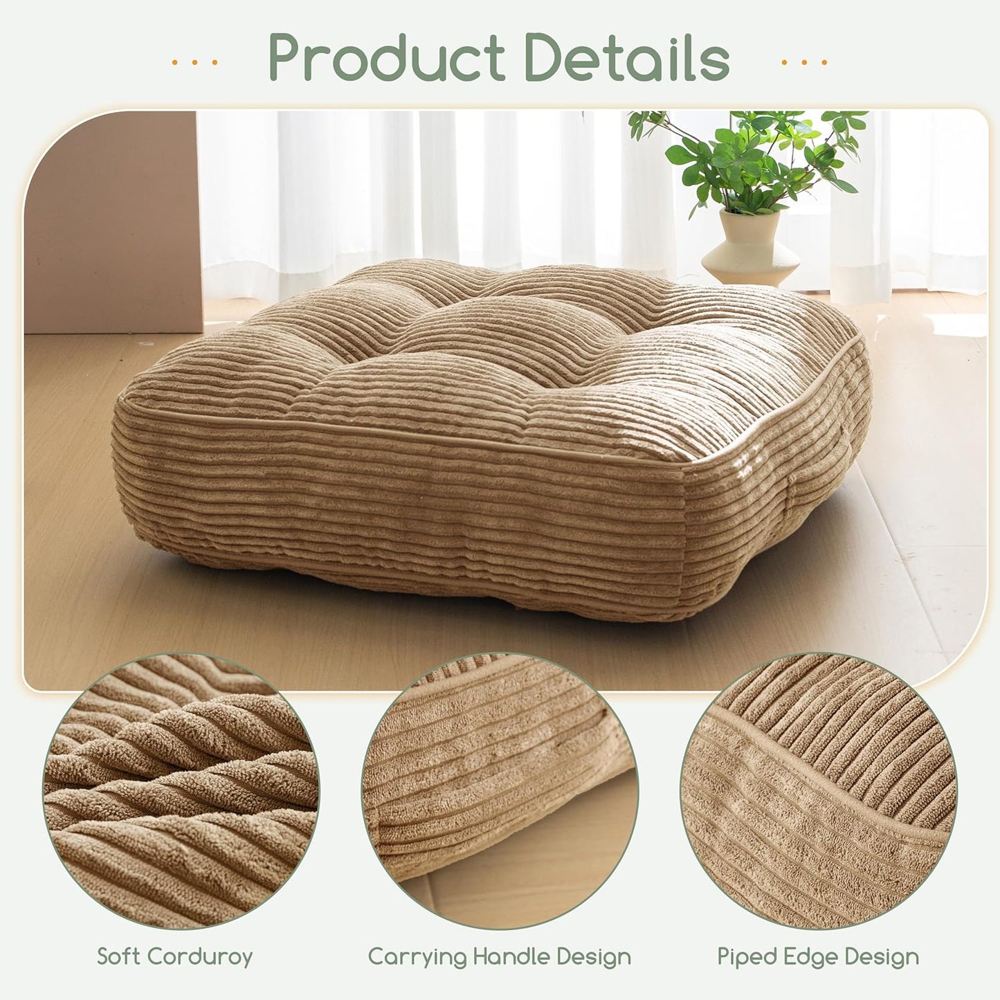 HIGOGOGO 6" Extra Thick Floor Pillow Cushion for Adults, Meditation Cushion Pillow, Large Square Floor Sitting, Tufted Corduroy Cover, for Tatami Living Room or Yoga, 22x22 Inch, 2Pack, Dark Grey