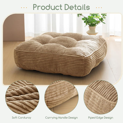 HIGOGOGO 6" Extra Thick Floor Pillow Cushion for Adults, Meditation Cushion Pillow, Large Square Floor Sitting, Tufted Corduroy Cover, for Tatami Living Room or Yoga, 22x22 Inch, 2Pack, Dark Grey