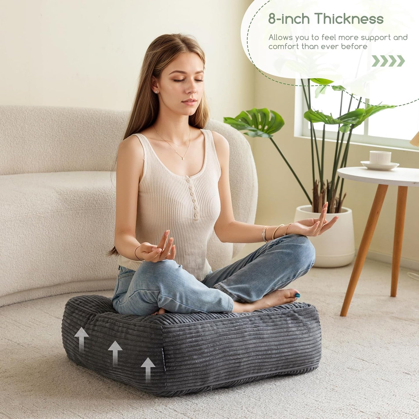 HIGOGOGO 6" Extra Thick Floor Pillow Cushion for Adults, Meditation Cushion Pillow, Large Square Floor Sitting, Tufted Corduroy Cover, for Tatami Living Room or Yoga, 22x22 Inch, 2Pack, Dark Grey