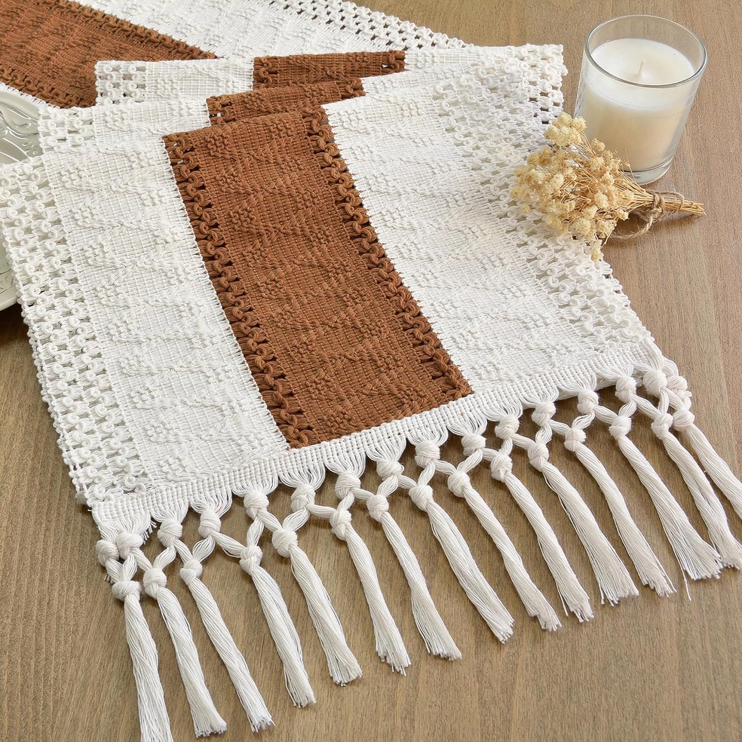 FEXIA Boho Table Runner for Thanksgiving Fall Christmas Home Decor with Tassels 72 Inches Long Pottery barn Furniture Farmhouse Rustic Macrame Burlap Table Decoration for Living Room (12x72 Inches)