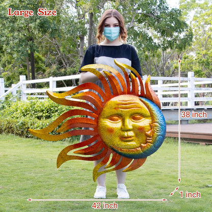Large Sun Wall Art Decor 45 inch Metal Wall Art, Retro Hanging Decor, Valentine Wall Decorations for Patio,Yard,Garden,Fence,Living Room