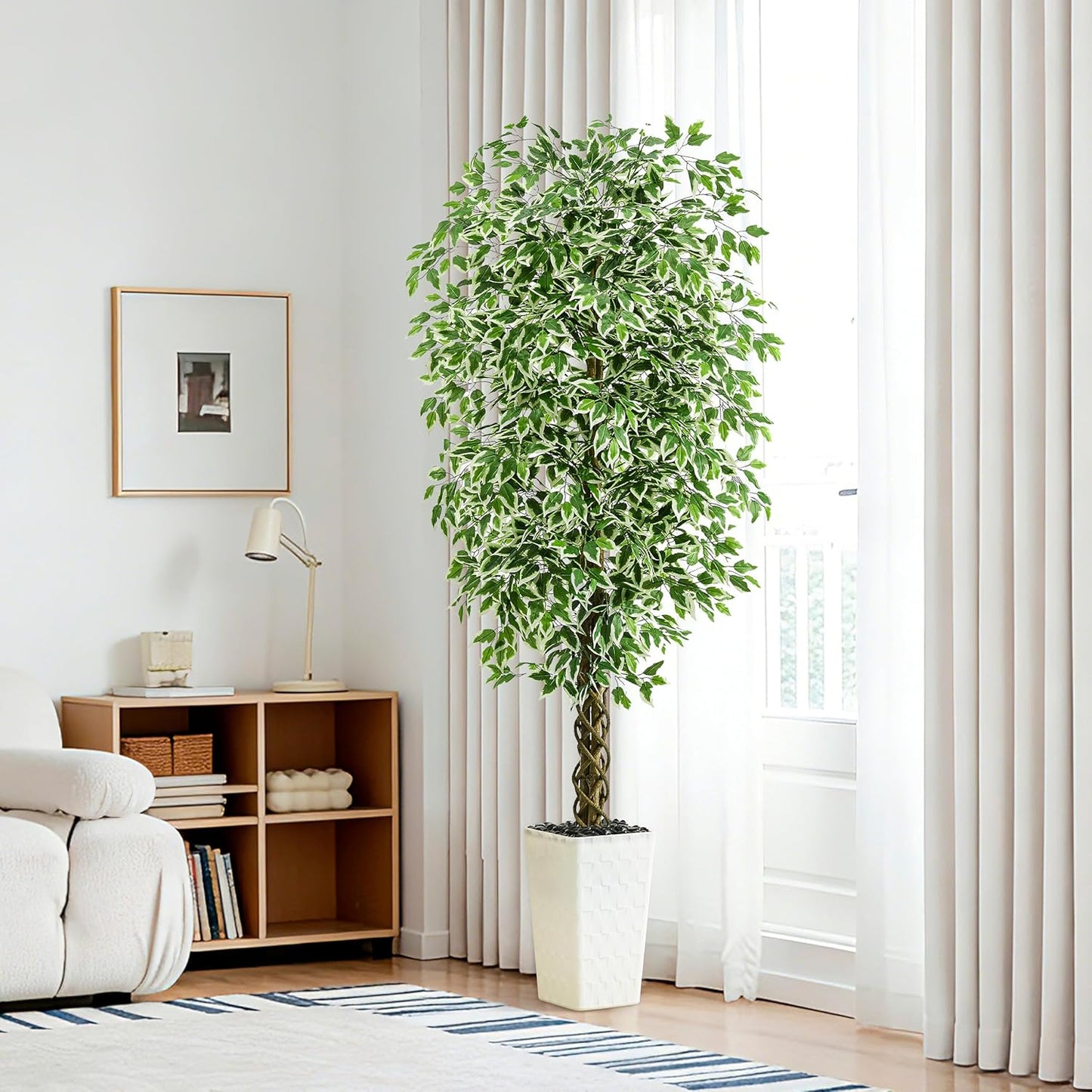 Artificial Ficus Tree 6FT Faux Plants Indoor Tall Fake Plants with White Planter, Green Lifelike Lush Fake Ficus Tree for Home Living Room Bedroom Outdoor Balcony House Office Decor
