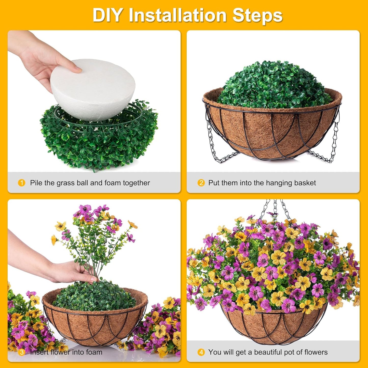 Artificial Silk Flowers Hanging Basket for Outdoor Indoor, Daisy with Eucalyptus Leaves Arrangement for Garden Yard Spring Summer Decor, Faux Green Plant in Metal Coconut Lining Pot(Red Purple)