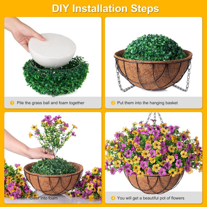 Artificial Silk Flowers Hanging Basket for Outdoor Indoor, Daisy with Eucalyptus Leaves Arrangement for Garden Yard Spring Summer Decor, Faux Green Plant in Metal Coconut Lining Pot(Red Purple)
