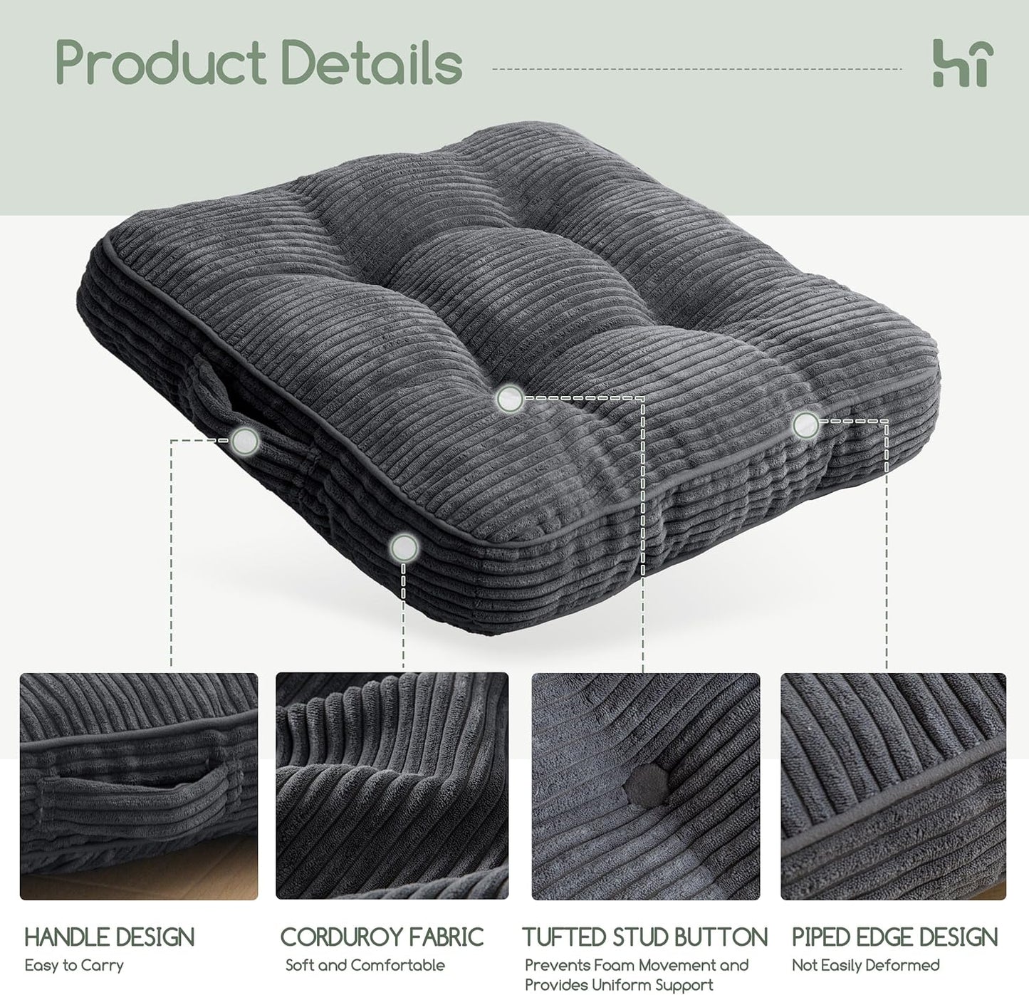 HIGOGOGO 6" Extra Thick Floor Pillow Cushion for Adults, Meditation Cushion Pillow, Large Square Floor Sitting, Tufted Corduroy Cover, for Tatami Living Room or Yoga, 22x22 Inch, 2Pack, Dark Grey
