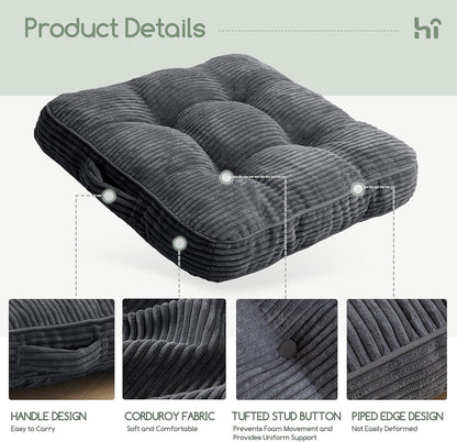 HIGOGOGO 6" Extra Thick Floor Pillow Cushion for Adults, Meditation Cushion Pillow, Large Square Floor Sitting, Tufted Corduroy Cover, for Tatami Living Room or Yoga, 22x22 Inch, 2Pack, Dark Grey