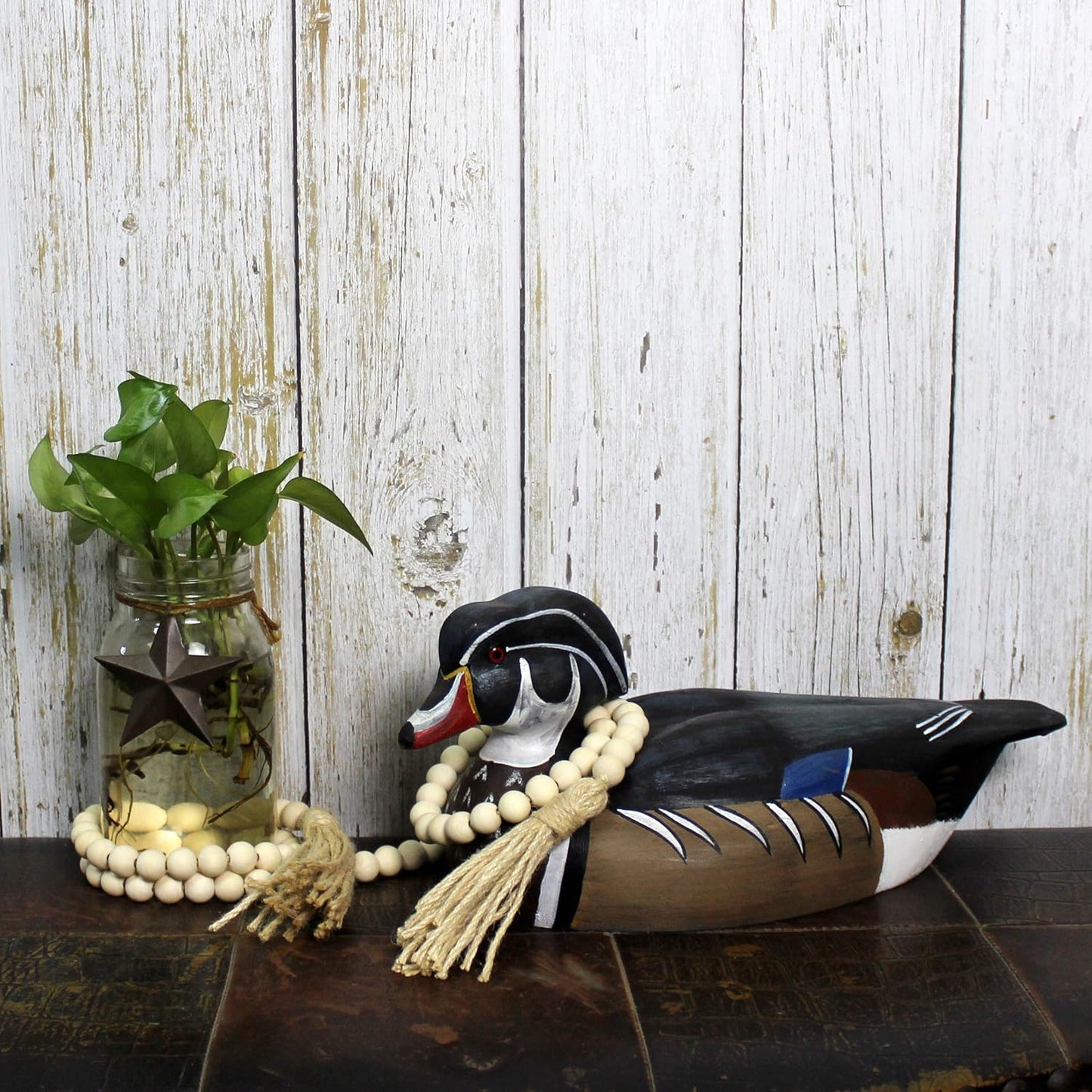 CVHOMEDECO. Wood Beads Garland with Tassels Farmhouse Rustic Wooden Prayer Bead String Wall Hanging Accent for Home Festival Decor. Mix Distressed