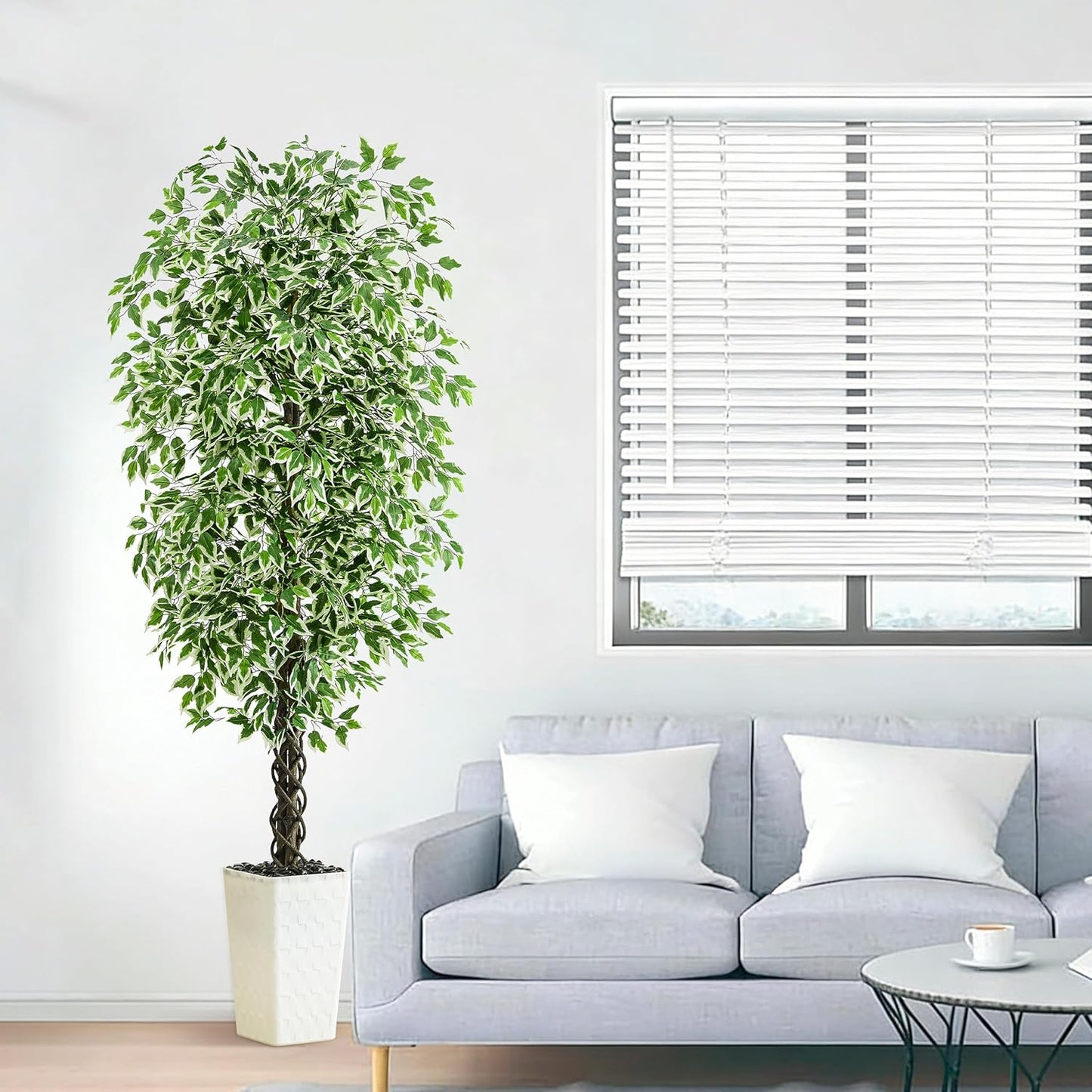 Artificial Ficus Tree 6FT Faux Plants Indoor Tall Fake Plants with White Planter, Green Lifelike Lush Fake Ficus Tree for Home Living Room Bedroom Outdoor Balcony House Office Decor