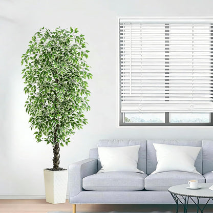 Artificial Ficus Tree 6FT Faux Plants Indoor Tall Fake Plants with White Planter, Green Lifelike Lush Fake Ficus Tree for Home Living Room Bedroom Outdoor Balcony House Office Decor