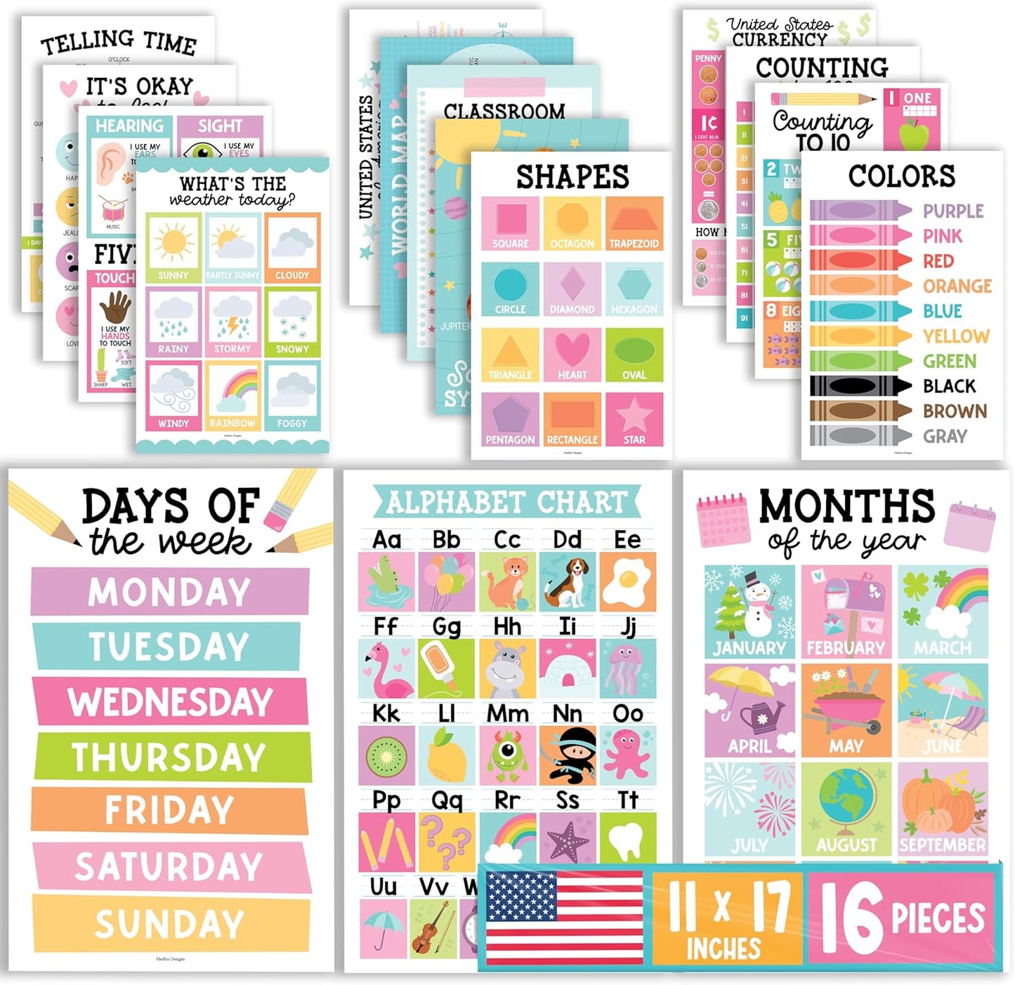 Hadley Designs 16 Educational Posters for Toddler Learning Activities - Laminated Pre-K Posters for Toddlers 1-3, Homeschool Essentials & Preschool Learning Activities, Kindergarten Classroom Decor