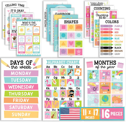 Hadley Designs 16 Educational Posters for Toddler Learning Activities - Laminated Pre-K Posters for Toddlers 1-3, Homeschool Essentials & Preschool Learning Activities, Kindergarten Classroom Decor