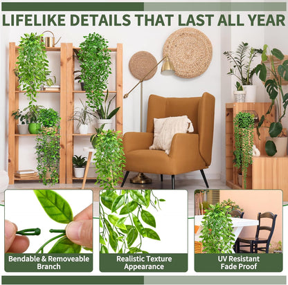 Palonu Artificial Hanging Plants for Shelf, 4 Pack Fake Potted Greenery Plant Faux Mandala Vine, String of Pearls, Ivy Vine,Persian Grass Fern in Pot for Desk Home Bathroom Farmhouse Room Table Decor