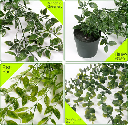 Sggvecsy Fake Hanging Plants 6 Pack Artificial Hanging Eucalyptus Plants Potted Greenery Faux Mandala Vine String of Pearls Boston Fern Ivy Vine Leaves Pea Pod for Home Indoor Outdoor Shelf Wall Decor