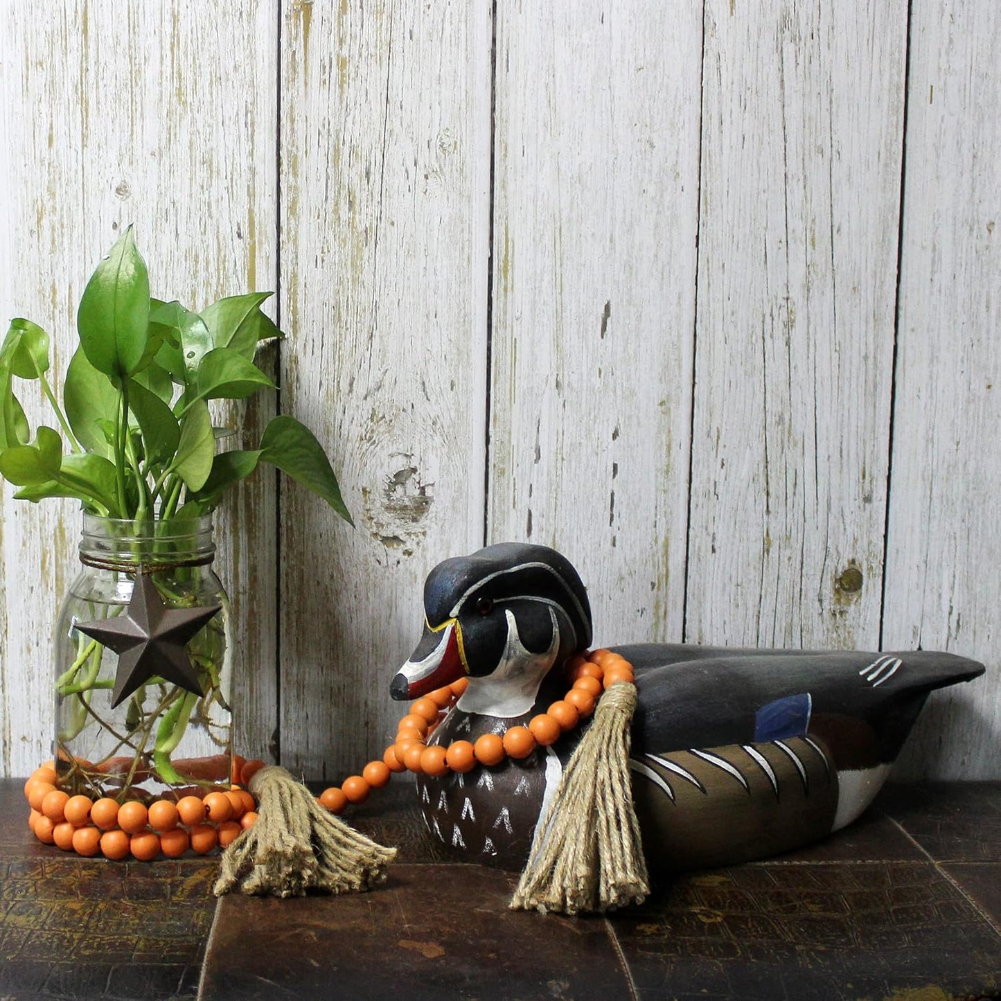 CVHOMEDECO. Wood Beads Garland with Tassels Farmhouse Rustic Wooden Prayer Bead String Wall Hanging Accent for Home Festival Decor. Mix Distressed
