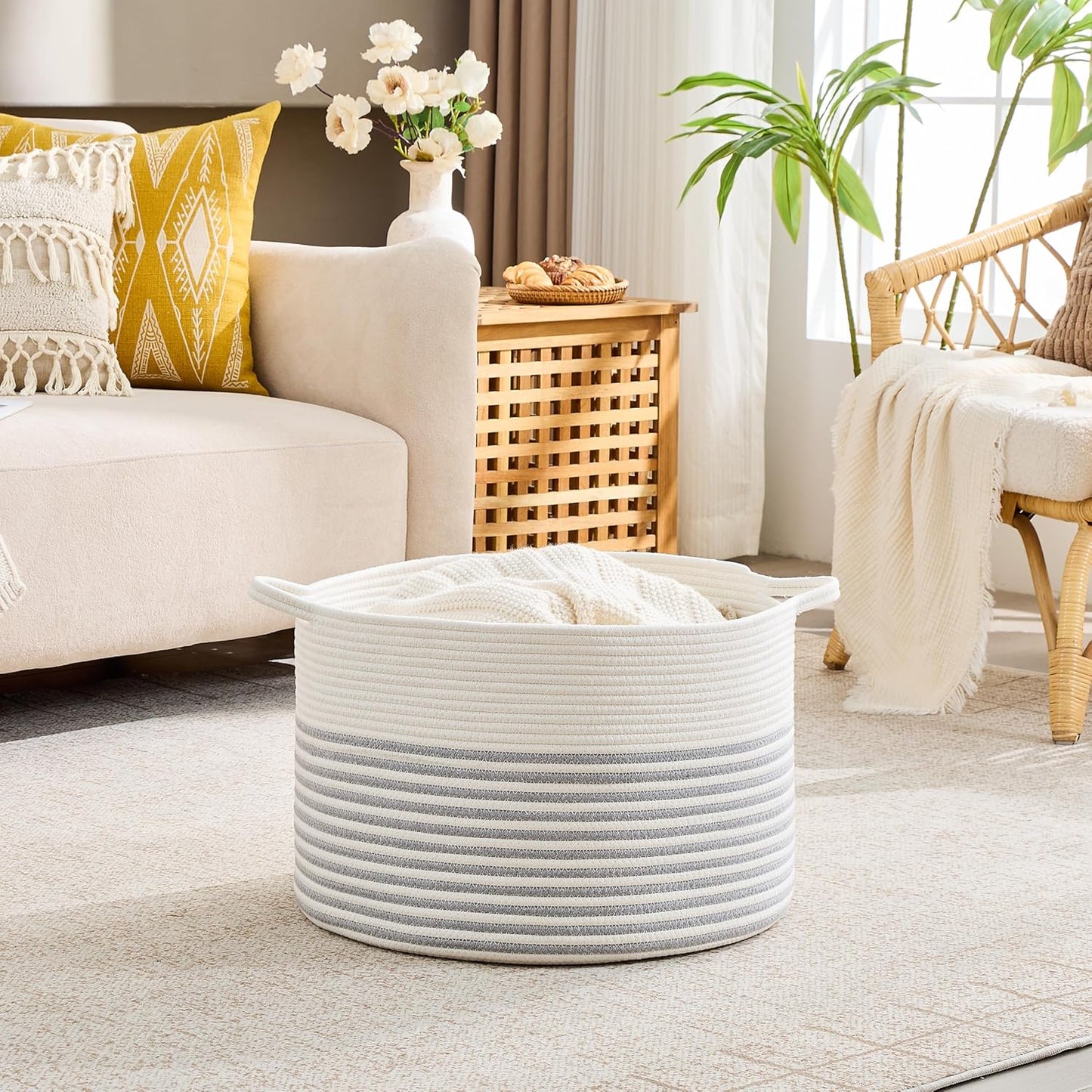KAKAMAY Large Blanket Basket (20"x13"),Woven Baskets for storage Baby Laundry Hamper, Cotton Rope Blanket Basket for Living Room, Laundry, Nursery, Pillows, Baby Toy chest (White/Brown)