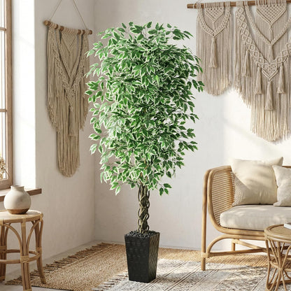 Artificial Ficus Tree 6FT Faux Plants Indoor Tall Fake Plants with White Planter, Green Lifelike Lush Fake Ficus Tree for Home Living Room Bedroom Outdoor Balcony House Office Decor
