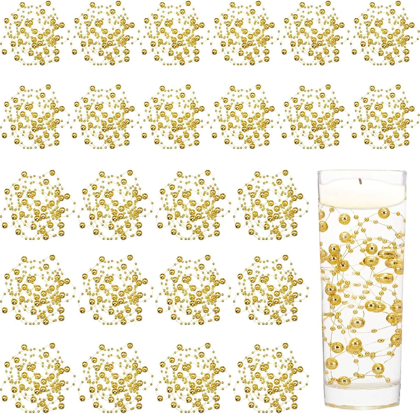 Tondiamo 24 Pcs Artificial Pearl String for Floating Candle Faux Pearls Beads String Garland Centerpiece Decoration for Vases Filler Wedding Spring Holiday Party Decor(Gold)