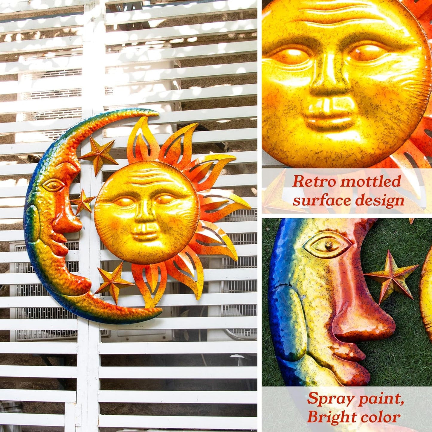 Large Sun Wall Art Decor 45 inch Metal Wall Art, Retro Hanging Decor, Valentine Wall Decorations for Patio,Yard,Garden,Fence,Living Room
