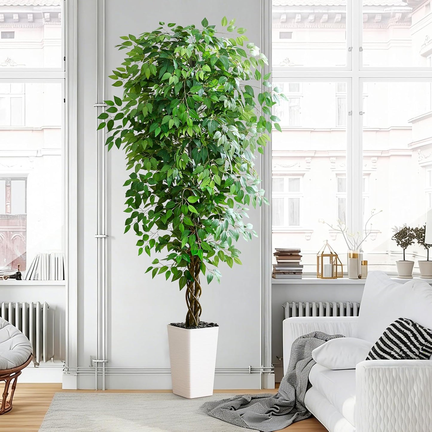 Artificial Ficus Tree 6FT Faux Plants Indoor Tall Fake Plants with White Planter, Green Lifelike Lush Fake Ficus Tree for Home Living Room Bedroom Outdoor Balcony House Office Decor