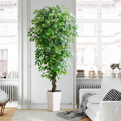 Artificial Ficus Tree 6FT Faux Plants Indoor Tall Fake Plants with White Planter, Green Lifelike Lush Fake Ficus Tree for Home Living Room Bedroom Outdoor Balcony House Office Decor