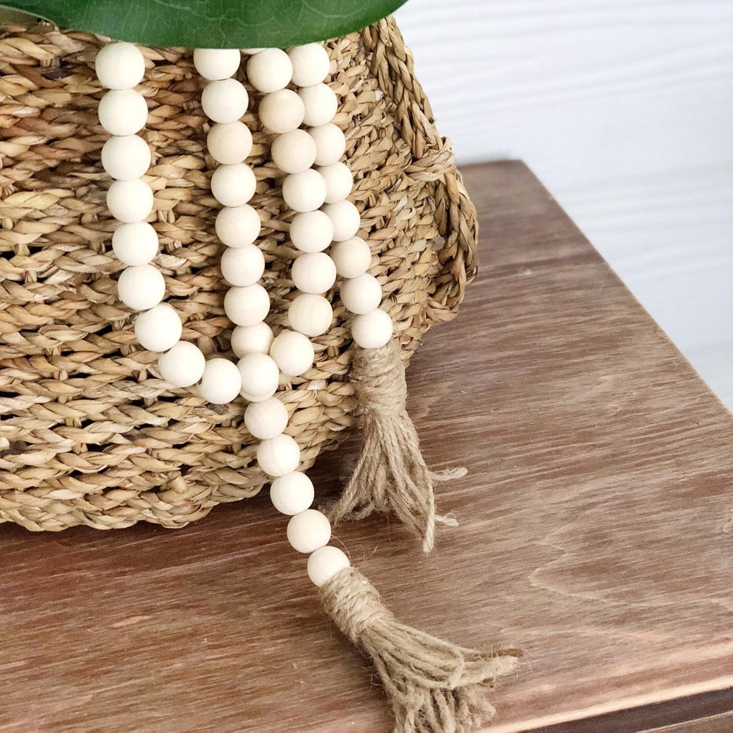 CVHOMEDECO. Wood Beads Garland with Tassels Farmhouse Rustic Wooden Prayer Bead String Wall Hanging Accent for Home Festival Decor. Mix Distressed