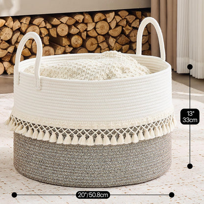 KAKAMAY Large Blanket Basket (20"x13"),Woven Baskets for storage Baby Laundry Hamper, Cotton Rope Blanket Basket for Living Room, Laundry, Nursery, Pillows, Baby Toy chest (White/Brown)