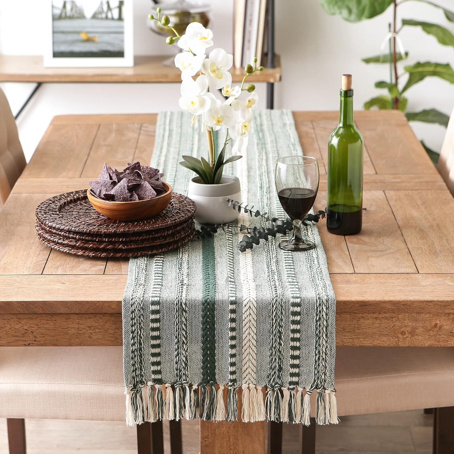 DII Farmhouse Braided Stripe Table Runner Collection, 15x72 (15x77, Fringe Included), Black