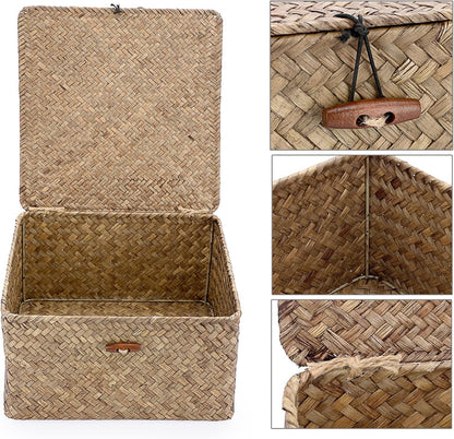 Hipiwe Seagrass Basket with Lid Wicker Storage Basket Square Handwoven Decorative Baskets Box for Shelf Multipurpose Household Baskets Home Decor,X-small