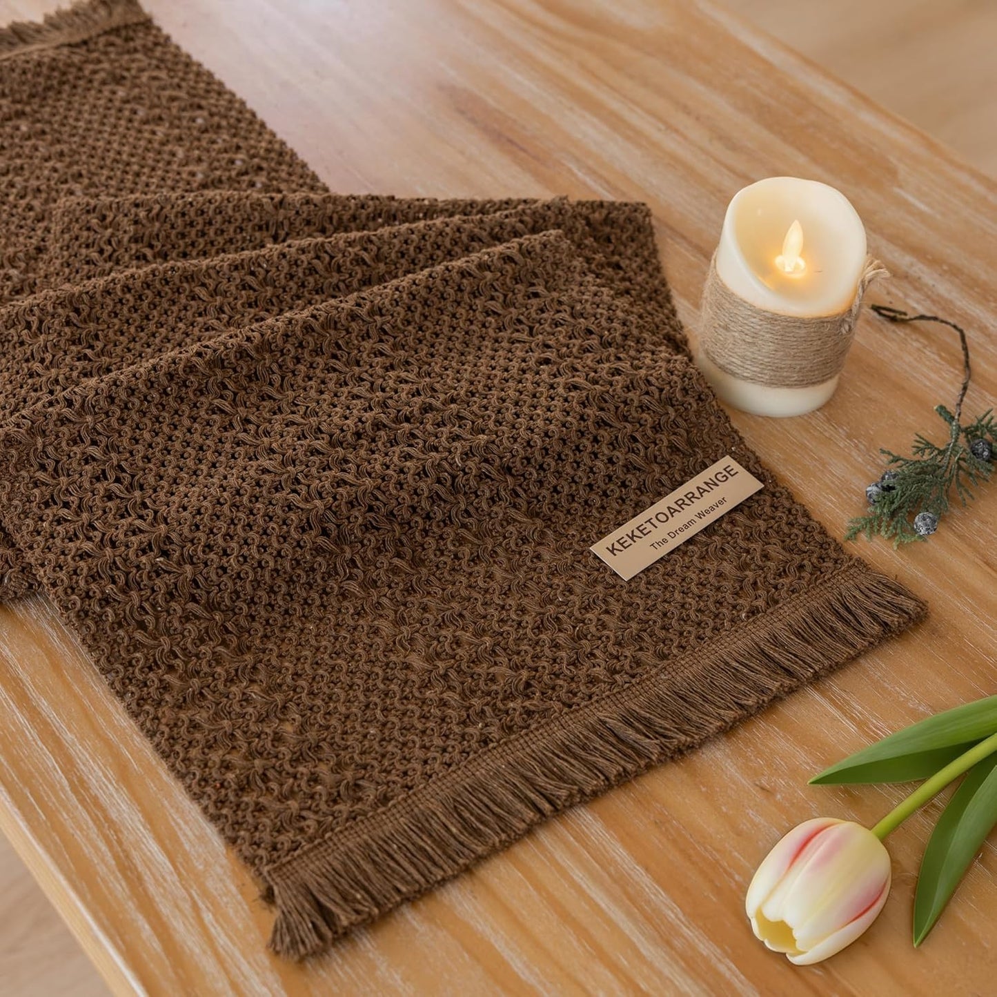 Keketoarrange Boho Sage Green Table Runner for Summer Home Decorations 12x72 Inches Farmhouse Small Macrame Woven Burlap Rustic Coffee Dresser Dining Kitchen Centerpiece Bohemian Decor